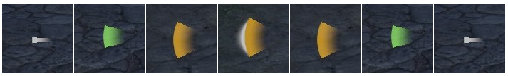 The full attack-power sequence: white dash, green crescent, gold crescent, then a gold crescent with a white edge