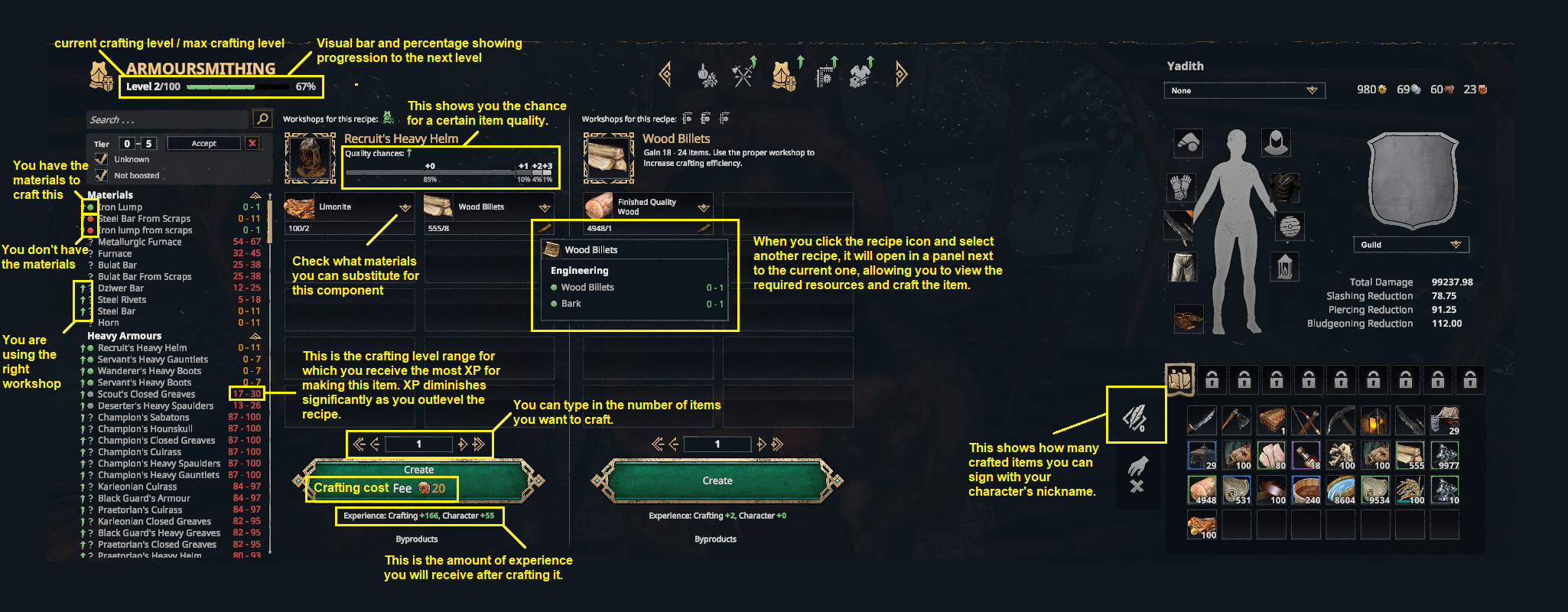 The crafting menu — profession and level on the left, the selected recipe with its materials, suitable workshops and crafting chance