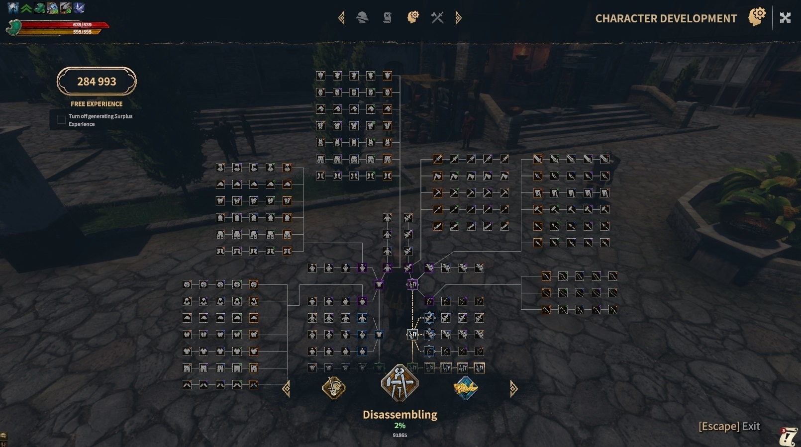 The Disassembly branch of Character Development, with tiers climbing vertically and ranks extending horizontally