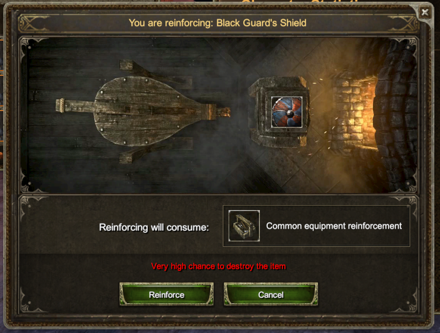 The reinforcement screen — the item, the kit slot and the success chance